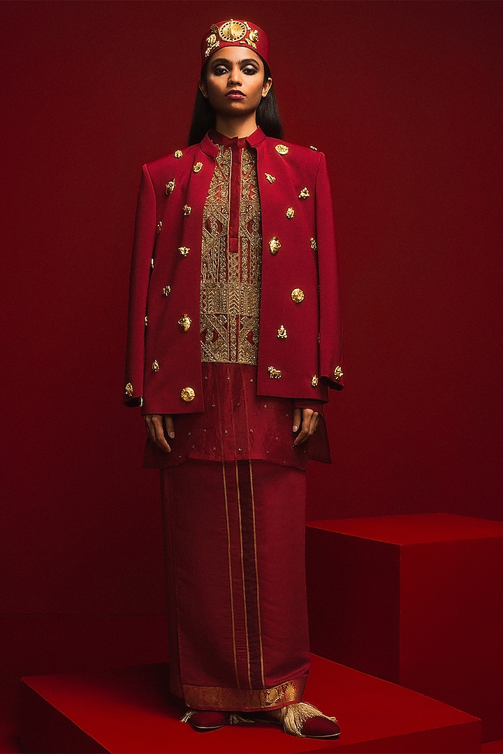 Crimson Heavy Crepe Hand Embroidered Jacket Set by Masaba at Pernia's Pop Up Shop