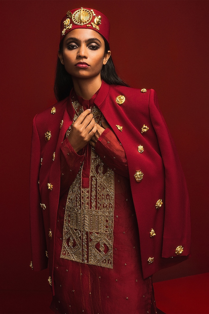 Crimson Heavy Crepe Hand Embroidered Jacket Set by Masaba at Pernia's Pop Up Shop
