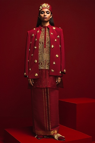 Crimson Pure Organza Hand Embroidered Kurta by Masaba