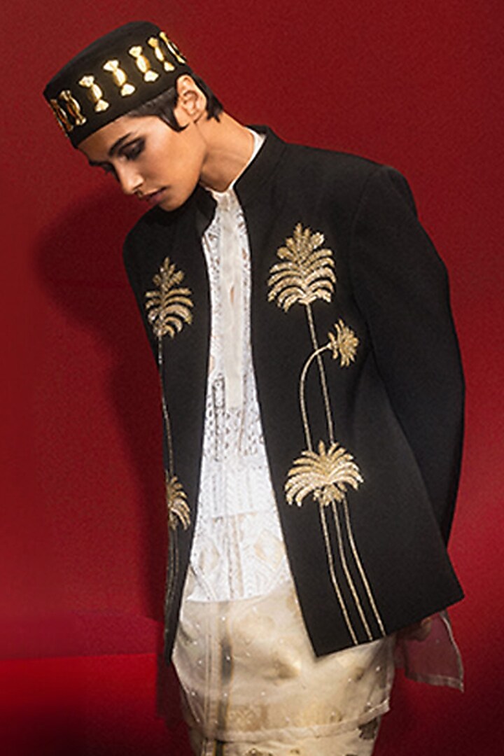 Midnight Black Heavy Crepe Hand Embroidered Jacket Set by Masaba at Pernia's Pop Up Shop