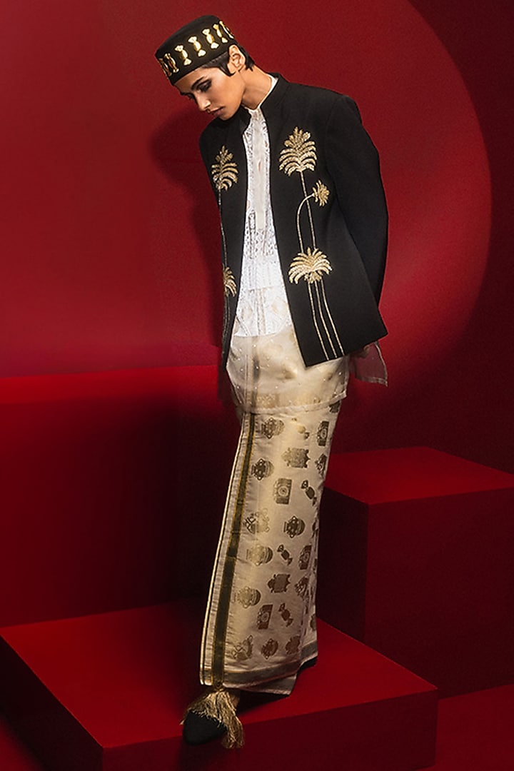 Midnight Black Heavy Crepe Hand Embroidered Jacket by Masaba at Pernia's Pop Up Shop