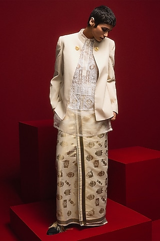 Ivory Handwoven Cotton Embroidered Jacket Set by Masaba