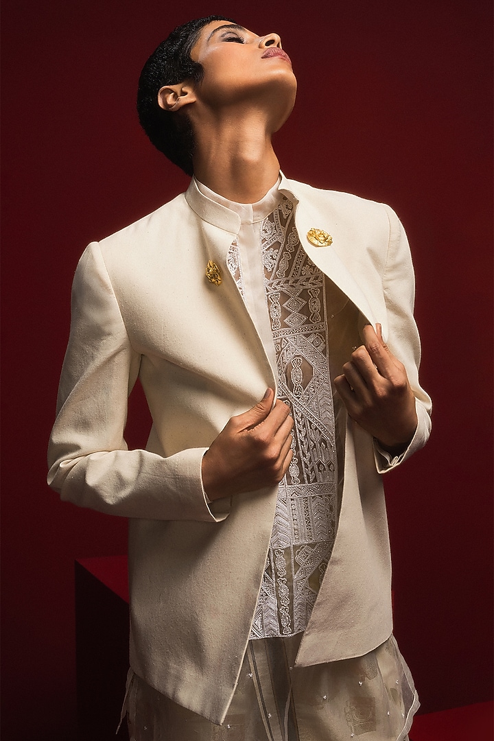 Ivory Handwoven Cotton Embroidered Jacket Set by Masaba at Pernia's Pop Up Shop