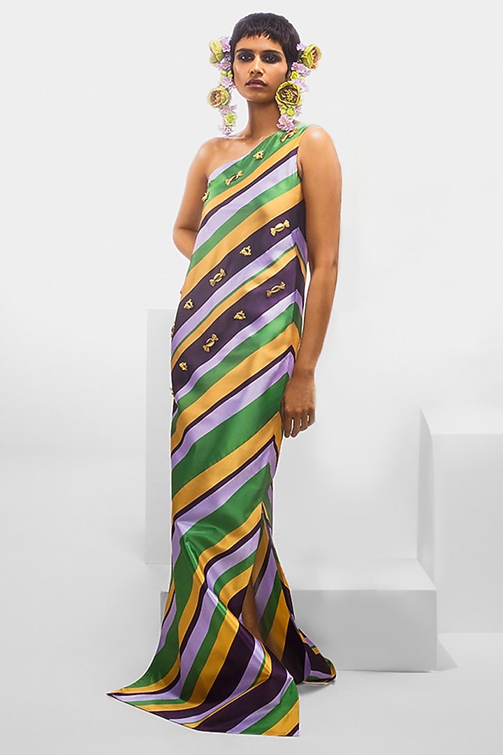 Multi-Colored Satin Taffeta Striped & Embellished Maxi Cocktail Dress by Masaba at Pernia's Pop Up Shop