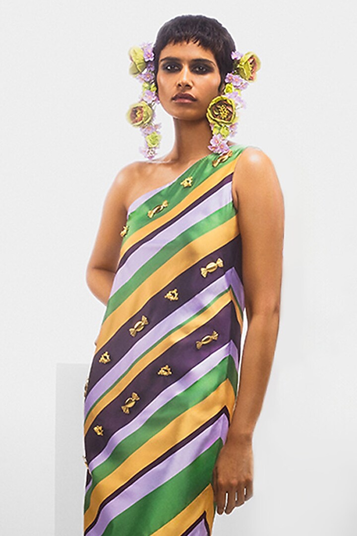 Multi-Colored Satin Taffeta Striped & Embellished Maxi Cocktail Dress by Masaba at Pernia's Pop Up Shop
