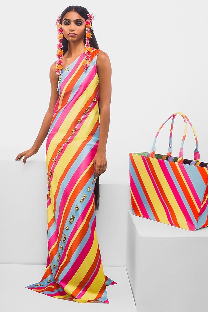 Multi-Colored Satin Taffeta Striped & Embellished Maxi Party Wear Dress by Masaba at Pernia's Pop Up Shop