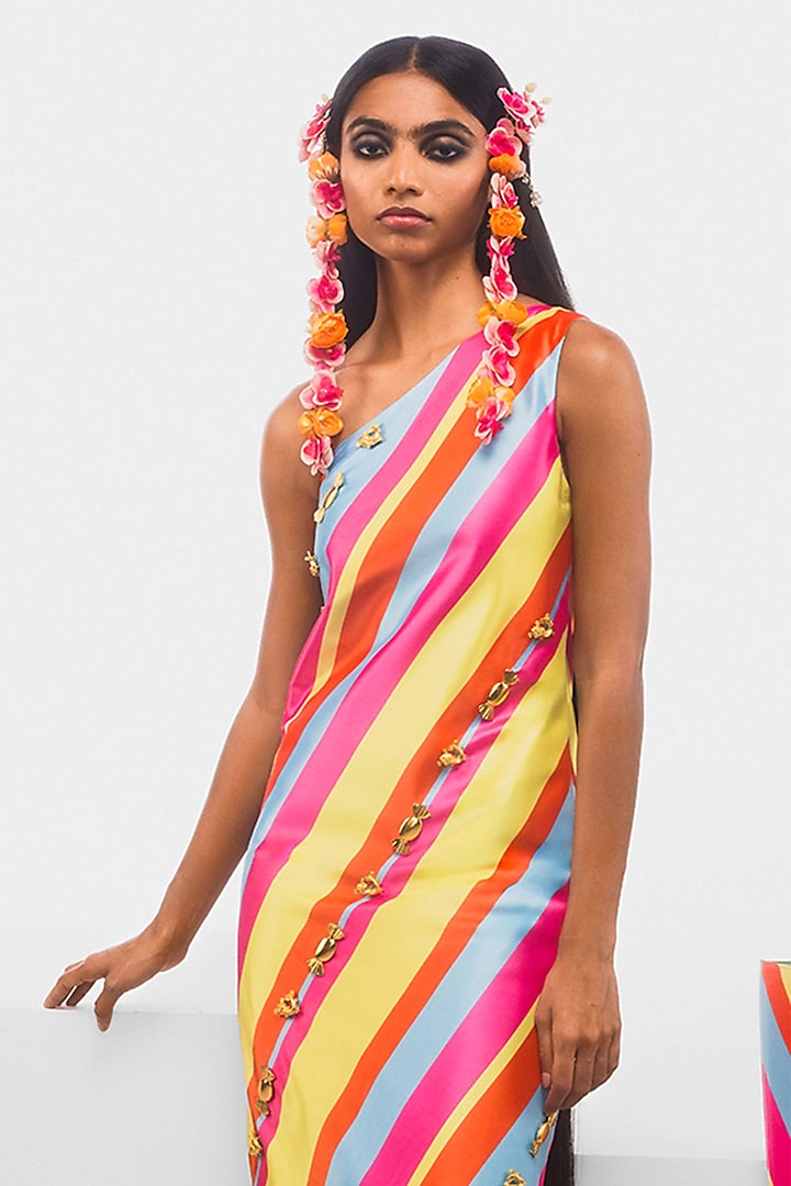 Multi-Colored Satin Taffeta Striped & Embellished Maxi Party Wear Dress by Masaba at Pernia's Pop Up Shop