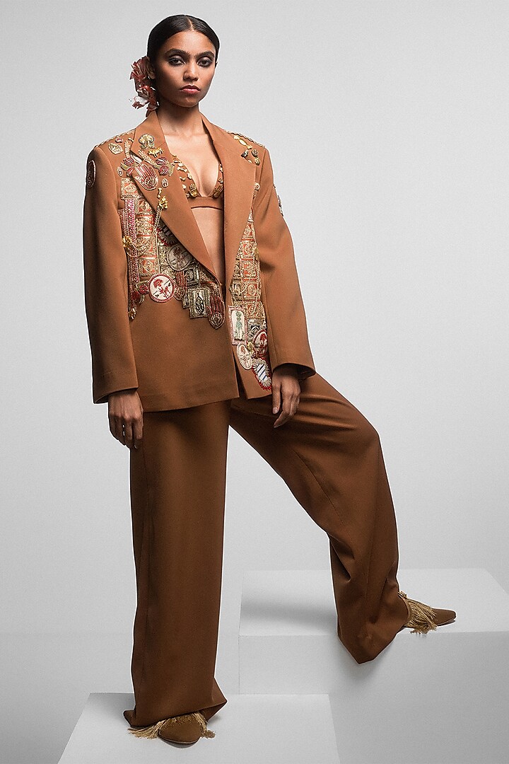 Tan Heavy Crepe Hand Embroidered Blazer Set by Masaba at Pernia's Pop Up Shop