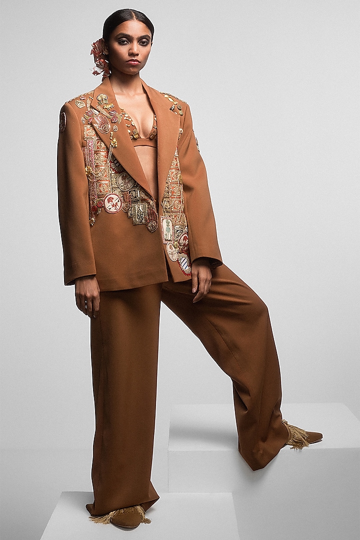 Tan Heavy Crepe Hand Embroidered Blazer Set by Masaba at Pernia's Pop Up Shop