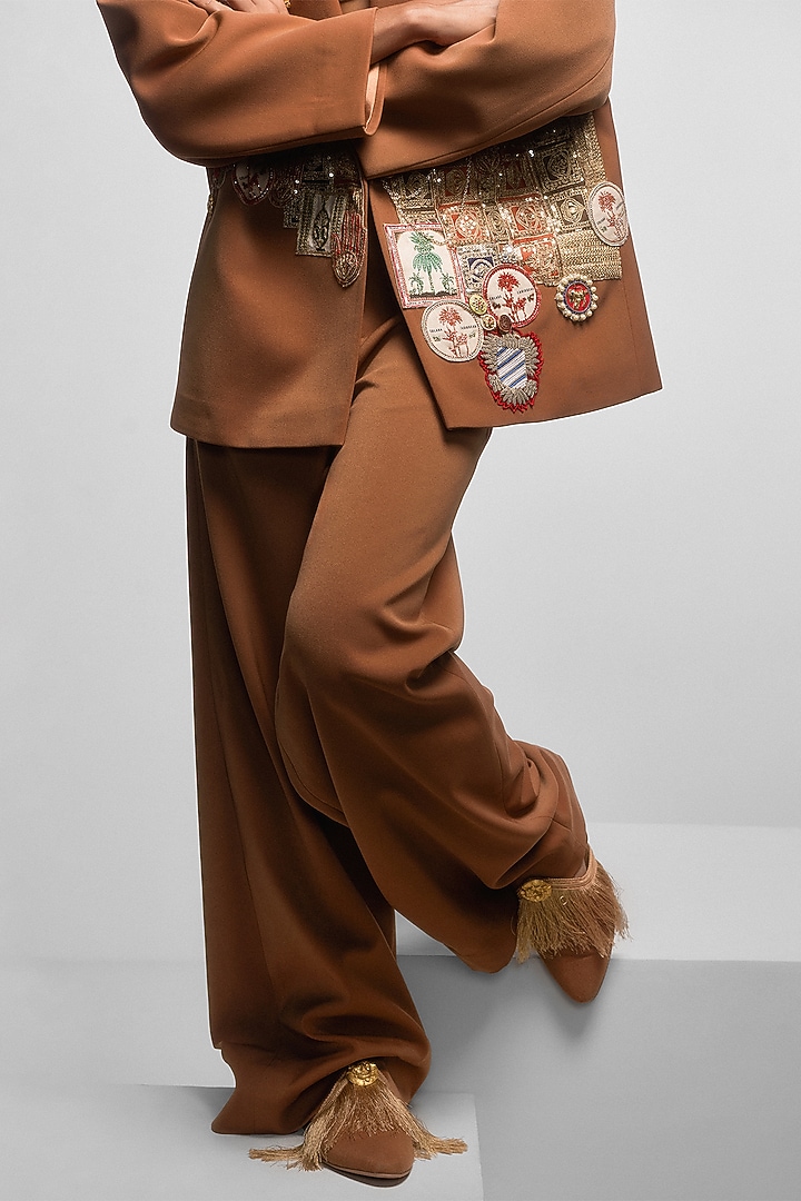 Tan Heavy Crepe Hand Embroidered Blazer Set by Masaba at Pernia's Pop Up Shop