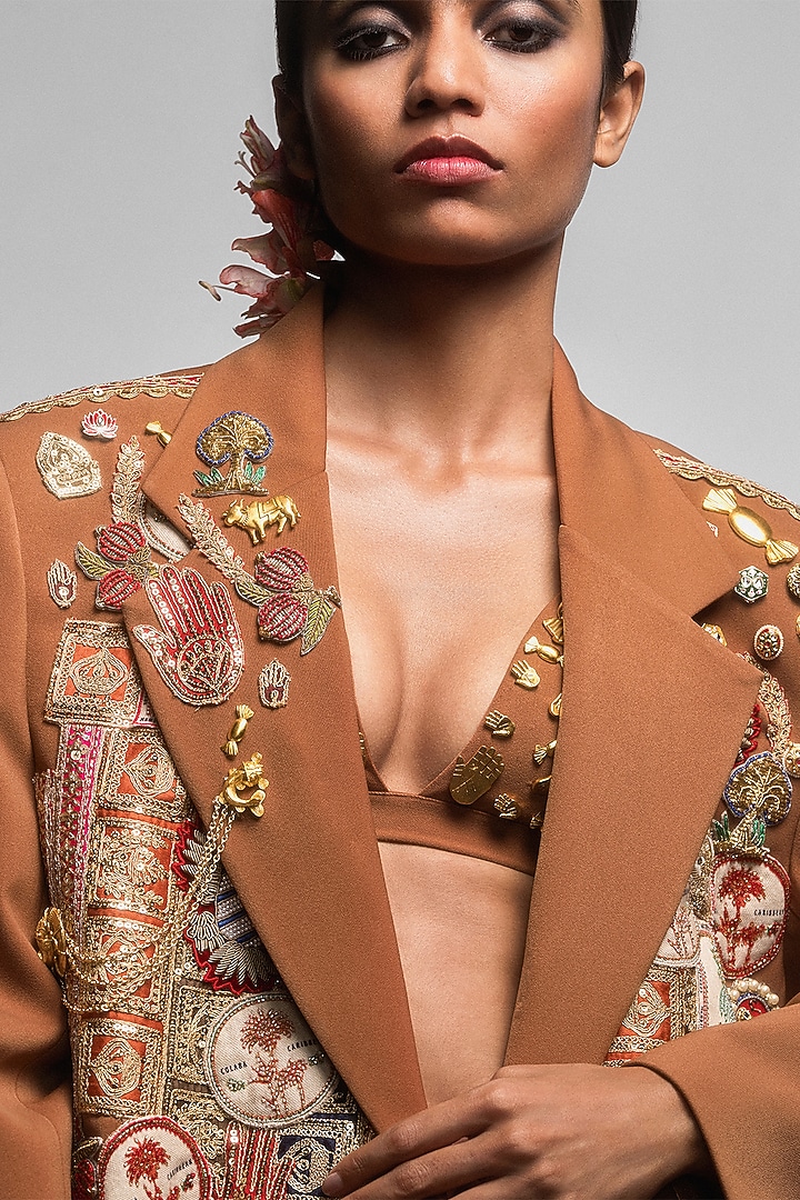 Tan Heavy Crepe Hand Embroidered Blazer Set by Masaba at Pernia's Pop Up Shop