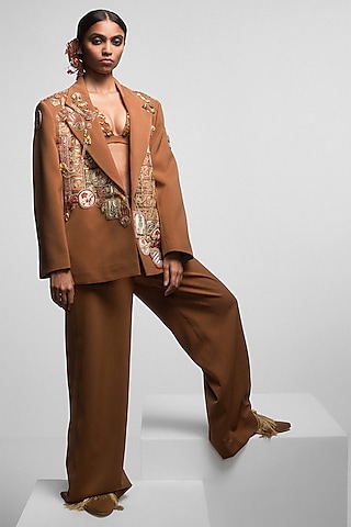 Tan Heavy Crepe Hand Embroidered Blazer by Masaba