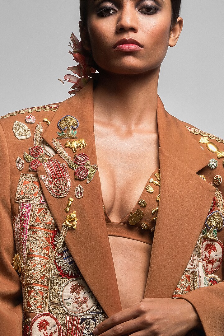 Tan Heavy Crepe Hand Embroidered Blazer by Masaba at Pernia's Pop Up Shop