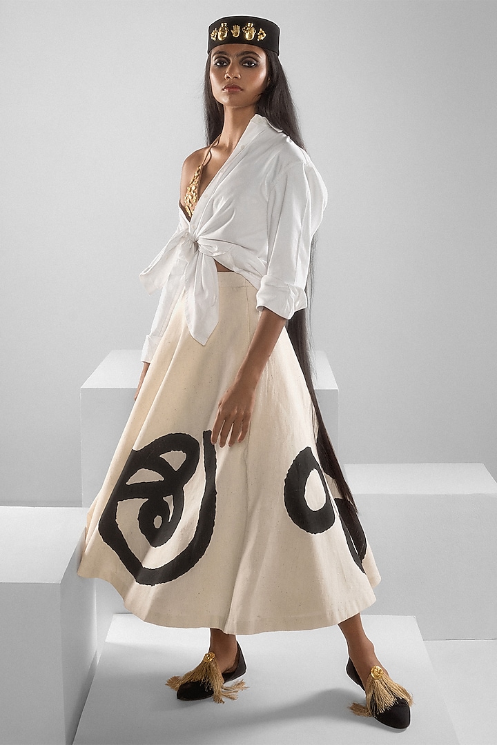 Ivory Handwoven Kora Cotton Printed Skirt by Masaba at Pernia's Pop Up Shop