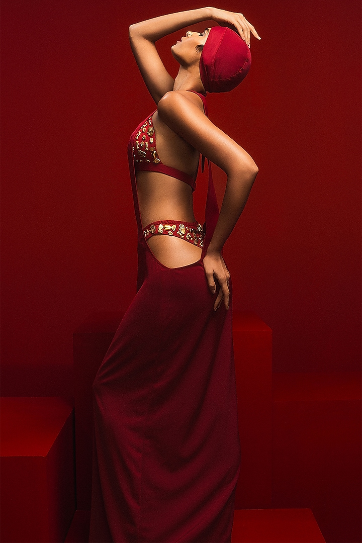 Crimson Heavy Crepe Party Wear Dress by Masaba at Pernia's Pop Up Shop