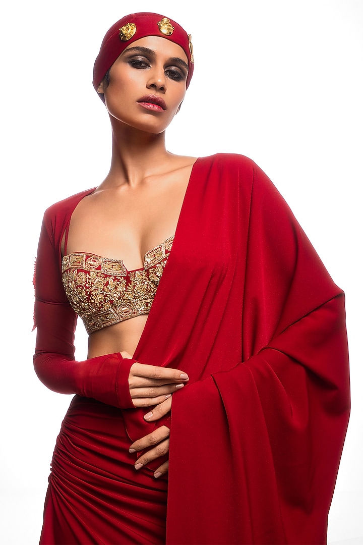 Crimson Heavy Crepe Motif Embroidered Draped Reception Saree Set by Masaba at Pernia's Pop Up Shop
