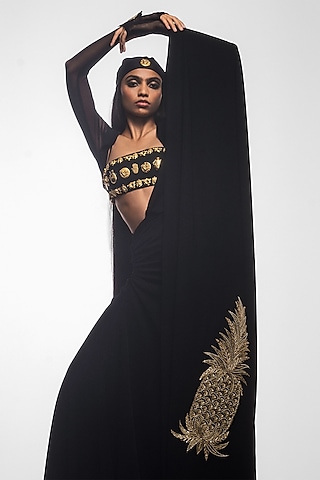 Black Heavy Crepe Motif Embroidered Draped Saree Set by Masaba