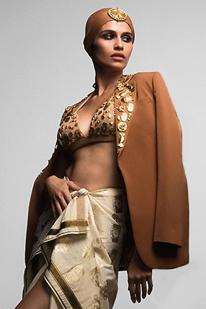 Tan Heavy Crepe Blazer by Masaba at Pernia's Pop Up Shop