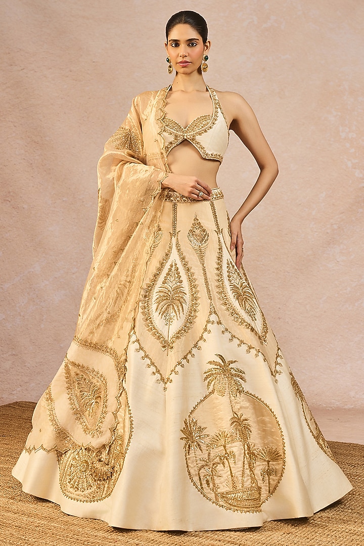 Ivory & Gold Tissue Chaand Kashti Motif Embroidered Bridal Lehenga Set by Masaba at Pernia's Pop Up Shop