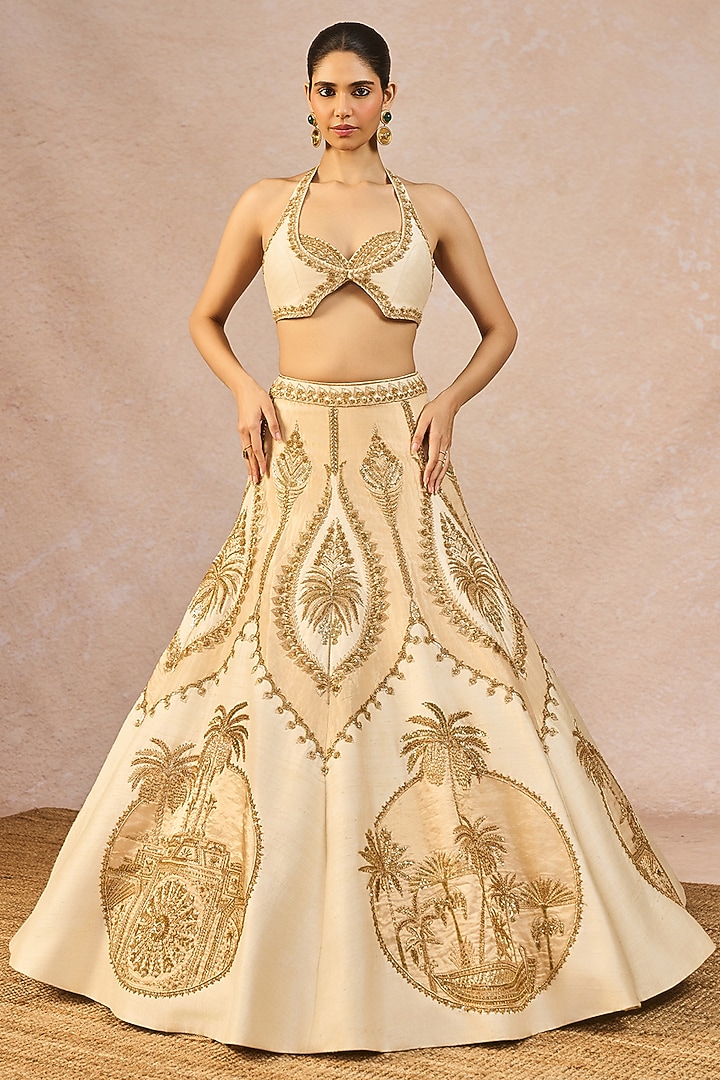 Ivory & Gold Tissue Chaand Kashti Motif Embroidered Bridal Lehenga Set by Masaba at Pernia's Pop Up Shop