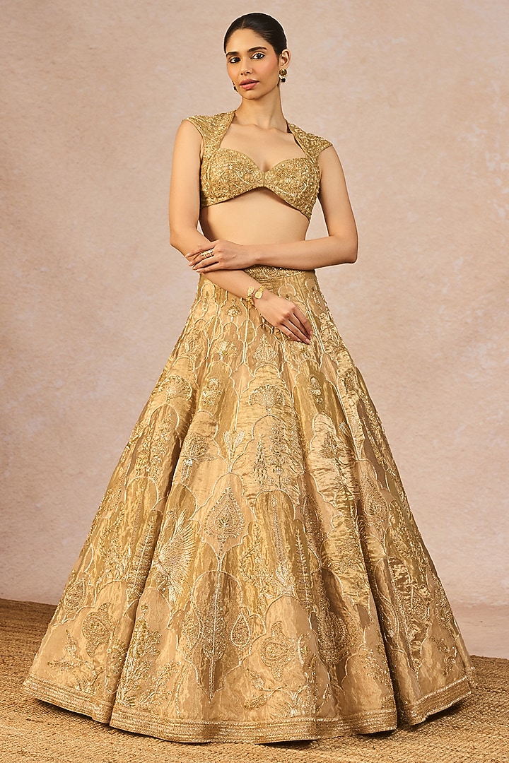 Gold Shaded Tissue Kashmiri Kali Motif Embroidered Bridal Lehenga Set by Masaba at Pernia's Pop Up Shop