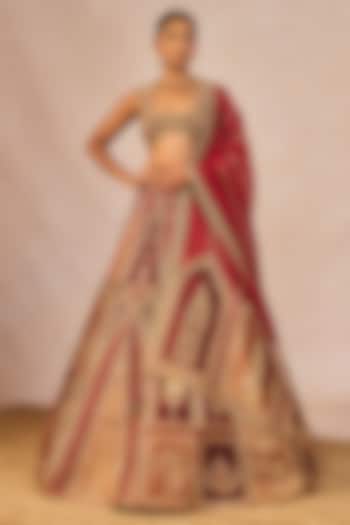 Gold & Red Tissue Kashmiri Kali Motif Embroidered Bridal Lehenga Set by Masaba at Pernia's Pop Up Shop