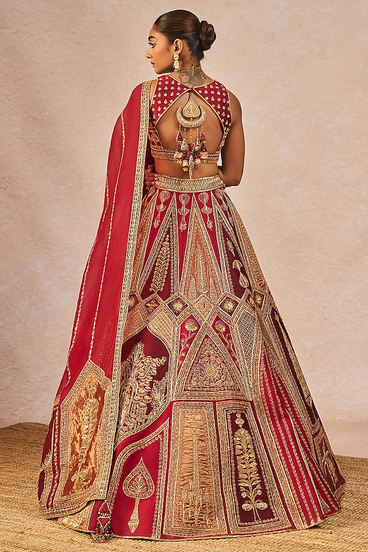 Gold & Red Tissue Kashmiri Kali Motif Embroidered Bridal Lehenga Set by Masaba at Pernia's Pop Up Shop