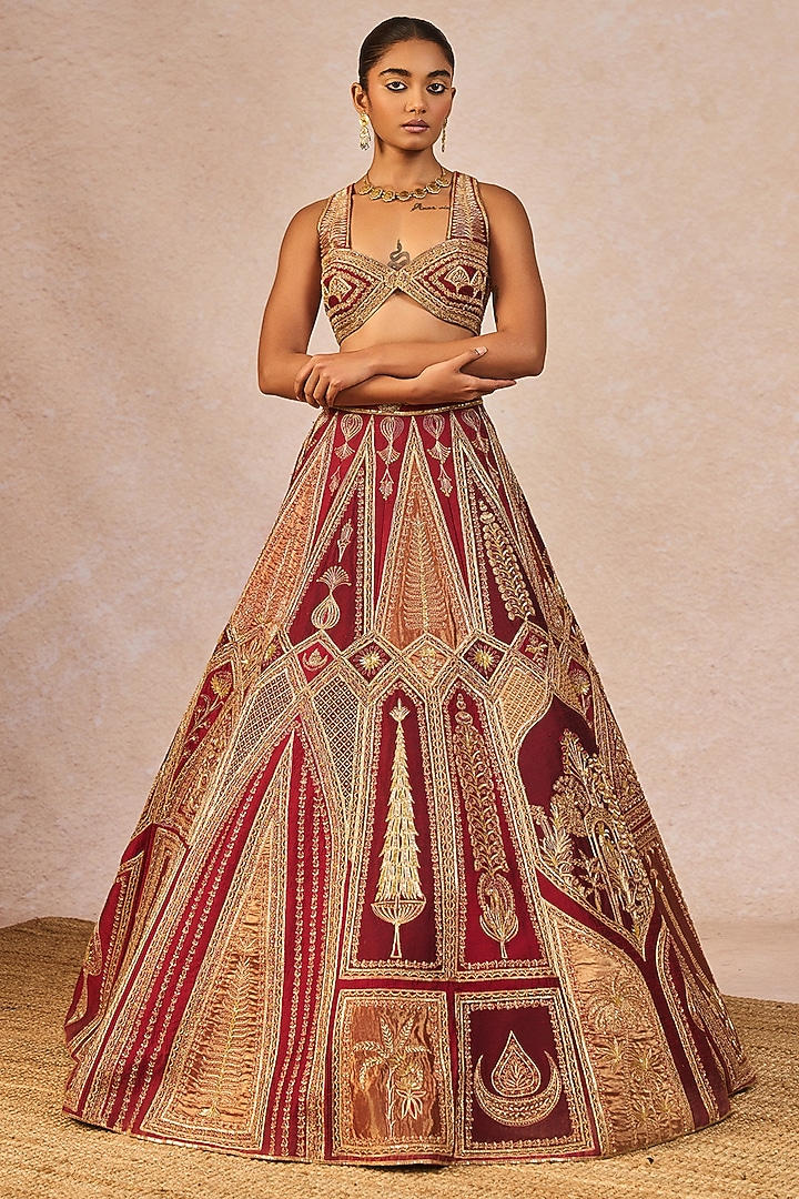 Gold & Red Tissue Kashmiri Kali Motif Embroidered Bridal Lehenga Set by Masaba at Pernia's Pop Up Shop