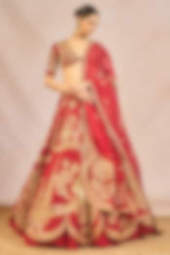 Red Raw Silk Chaand Motif Embroidered Bridal Lehenga Set by Masaba at Pernia's Pop Up Shop