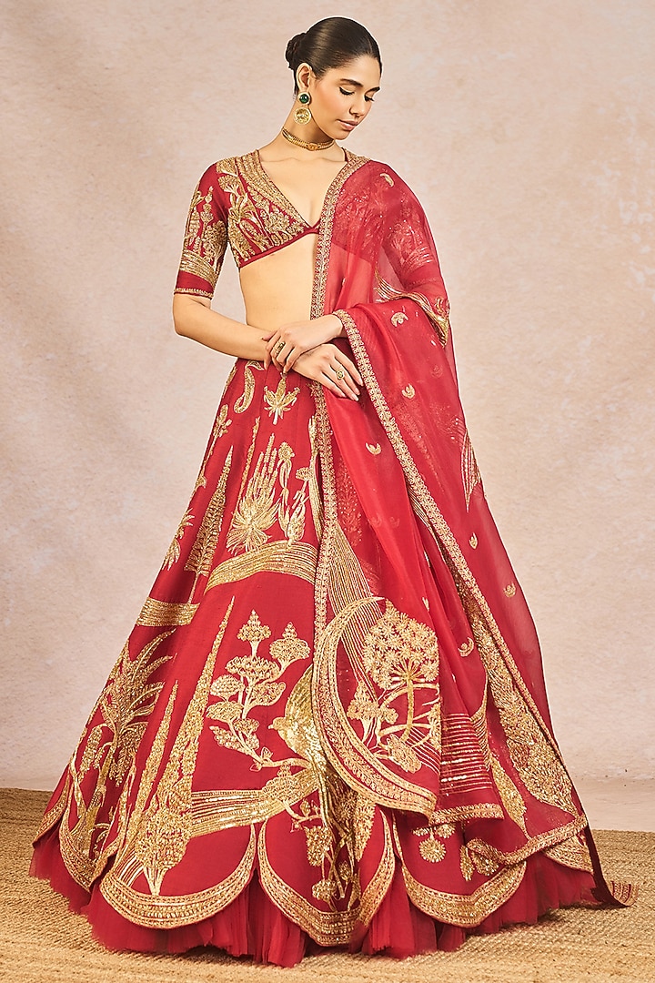 Red Raw Silk Chaand Motif Embroidered Bridal Lehenga Set by Masaba at Pernia's Pop Up Shop