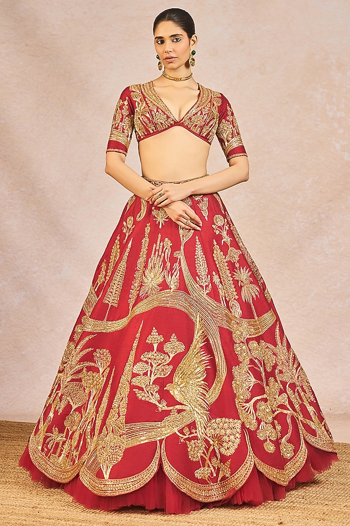 Red Raw Silk Chaand Motif Embroidered Bridal Lehenga Set by Masaba at Pernia's Pop Up Shop