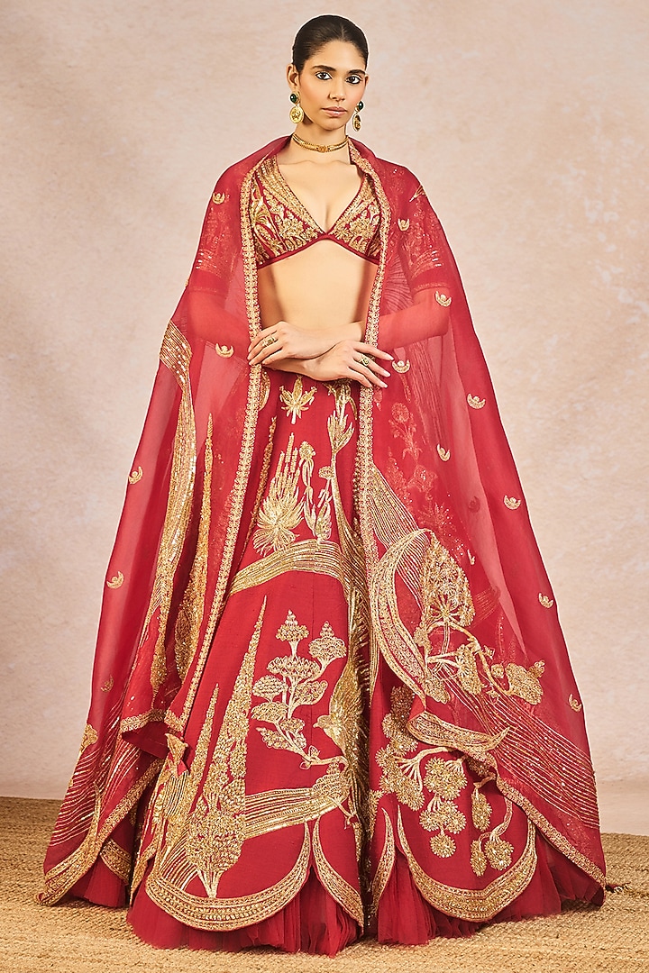 Red Raw Silk Chaand Motif Embroidered Bridal Lehenga Set by Masaba at Pernia's Pop Up Shop