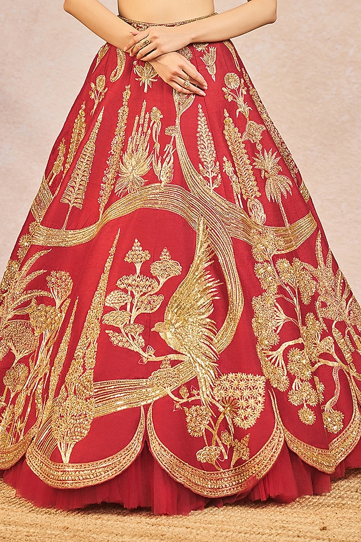Red Raw Silk Chaand Motif Embroidered Bridal Lehenga Set by Masaba at Pernia's Pop Up Shop