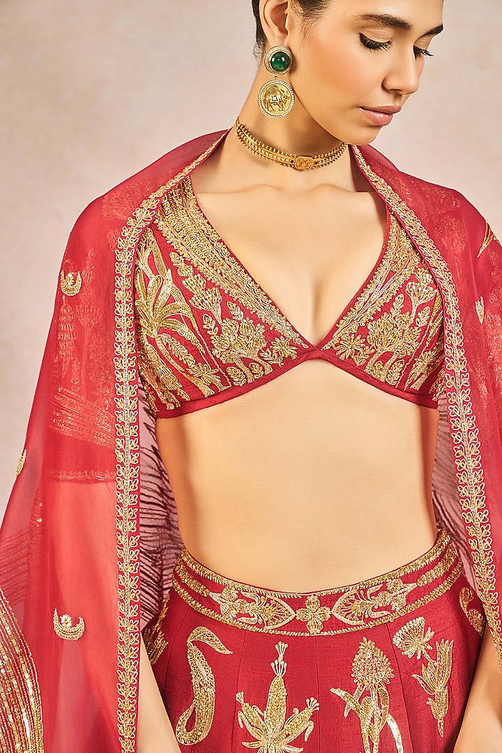 Red Raw Silk Chaand Motif Embroidered Bridal Lehenga Set by Masaba at Pernia's Pop Up Shop