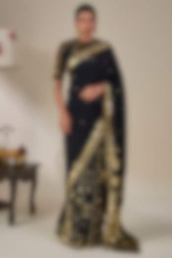 Black Crepe Silk Foil Printed Half-N-Half Wedding Saree Set by Masaba at Pernia's Pop Up Shop