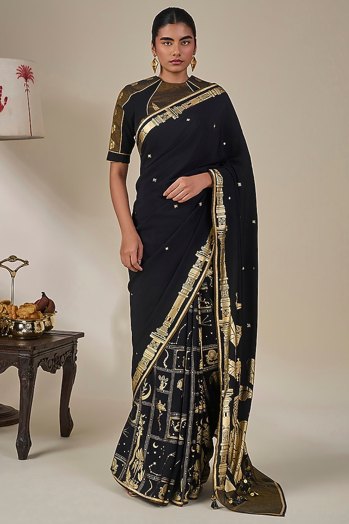 Black Crepe Silk Foil Printed Half-N-Half Wedding Saree Set by Masaba at Pernia's Pop Up Shop