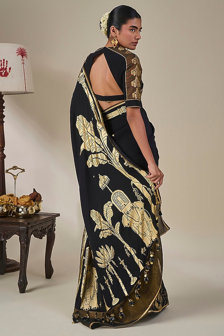 Black Crepe Silk Foil Printed Half-N-Half Wedding Saree Set by Masaba at Pernia's Pop Up Shop