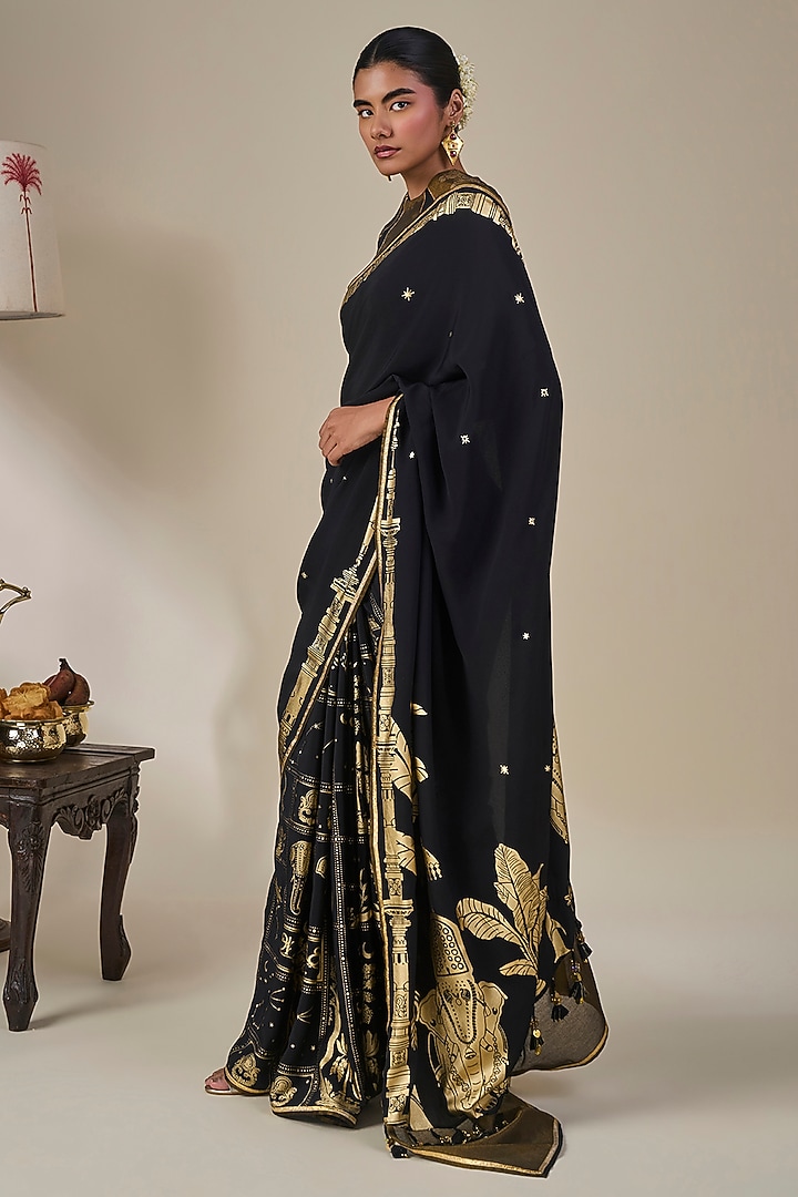 Black Crepe Silk Foil Printed Half-N-Half Wedding Saree Set by Masaba at Pernia's Pop Up Shop