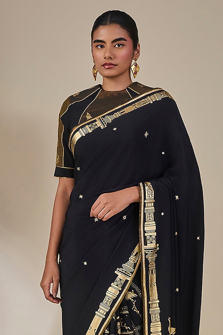 Black Crepe Silk Foil Printed Half-N-Half Wedding Saree Set by Masaba at Pernia's Pop Up Shop