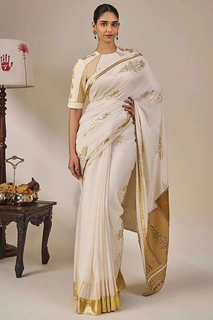 Ivory Striped Tissue Silk Wedding Saree Set by Masaba at Pernia's Pop Up Shop