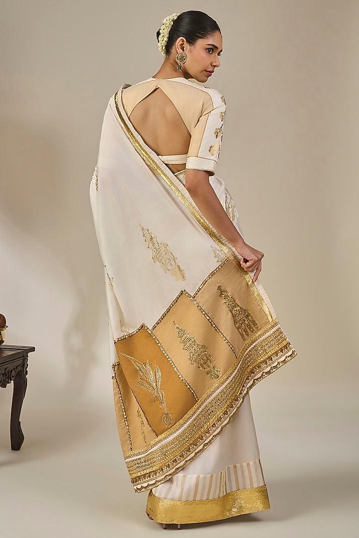 Ivory Striped Tissue Silk Wedding Saree Set by Masaba at Pernia's Pop Up Shop