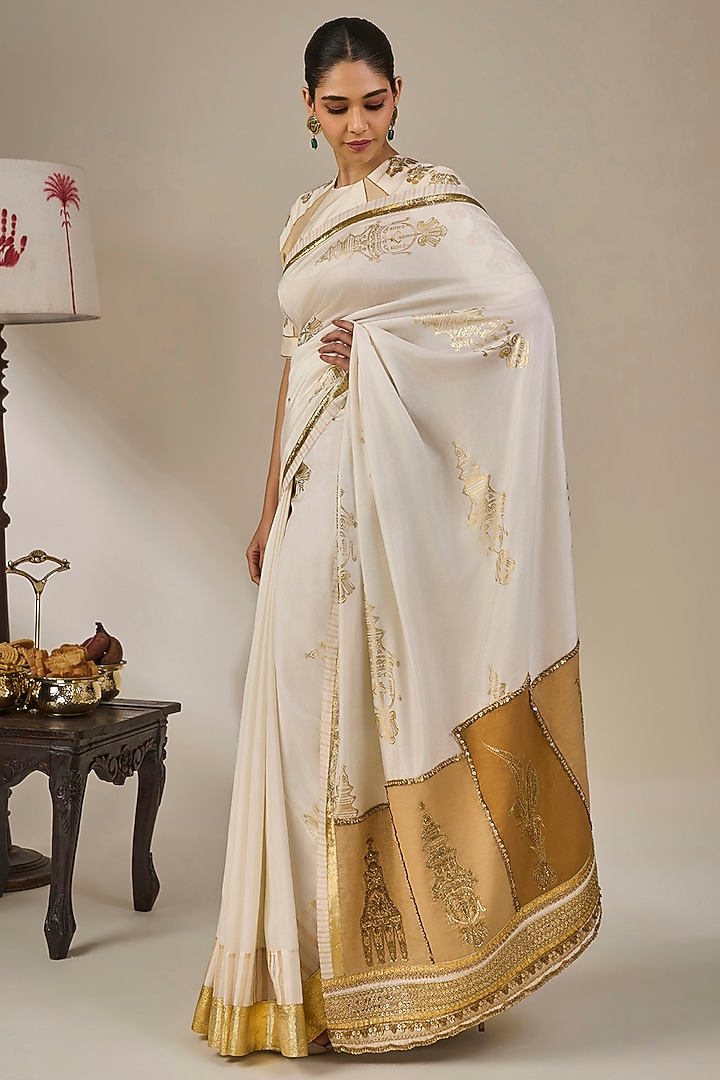 Ivory Striped Tissue Silk Wedding Saree Set by Masaba at Pernia's Pop Up Shop