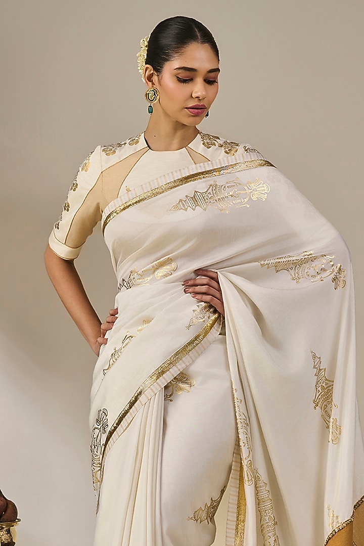 Ivory Striped Tissue Silk Wedding Saree Set by Masaba at Pernia's Pop Up Shop