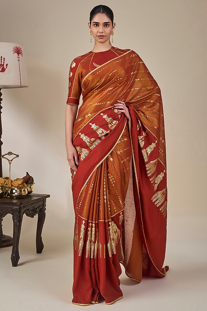 Rust Striped Tissue Silk Foil Printed Wedding Saree Set by Masaba at Pernia's Pop Up Shop