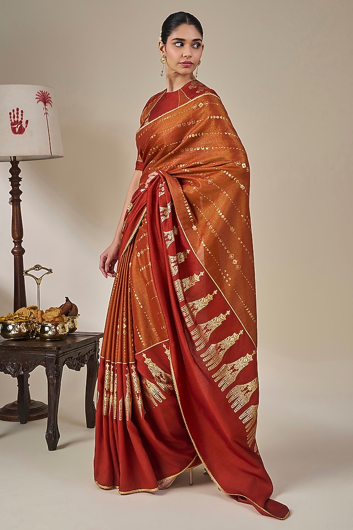 Rust Striped Tissue Silk Foil Printed Wedding Saree Set by Masaba at Pernia's Pop Up Shop