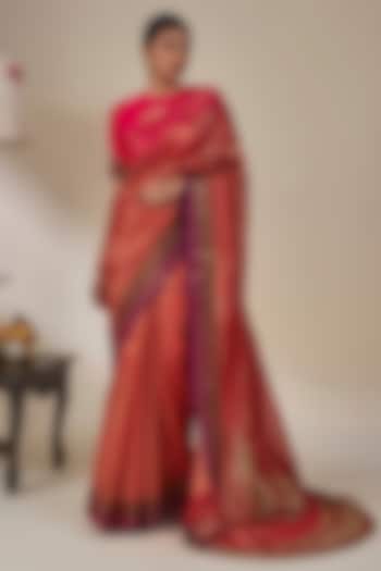 Rust Tissue Silk Applique Embroidered Striped Wedding Saree Set by Masaba at Pernia's Pop Up Shop