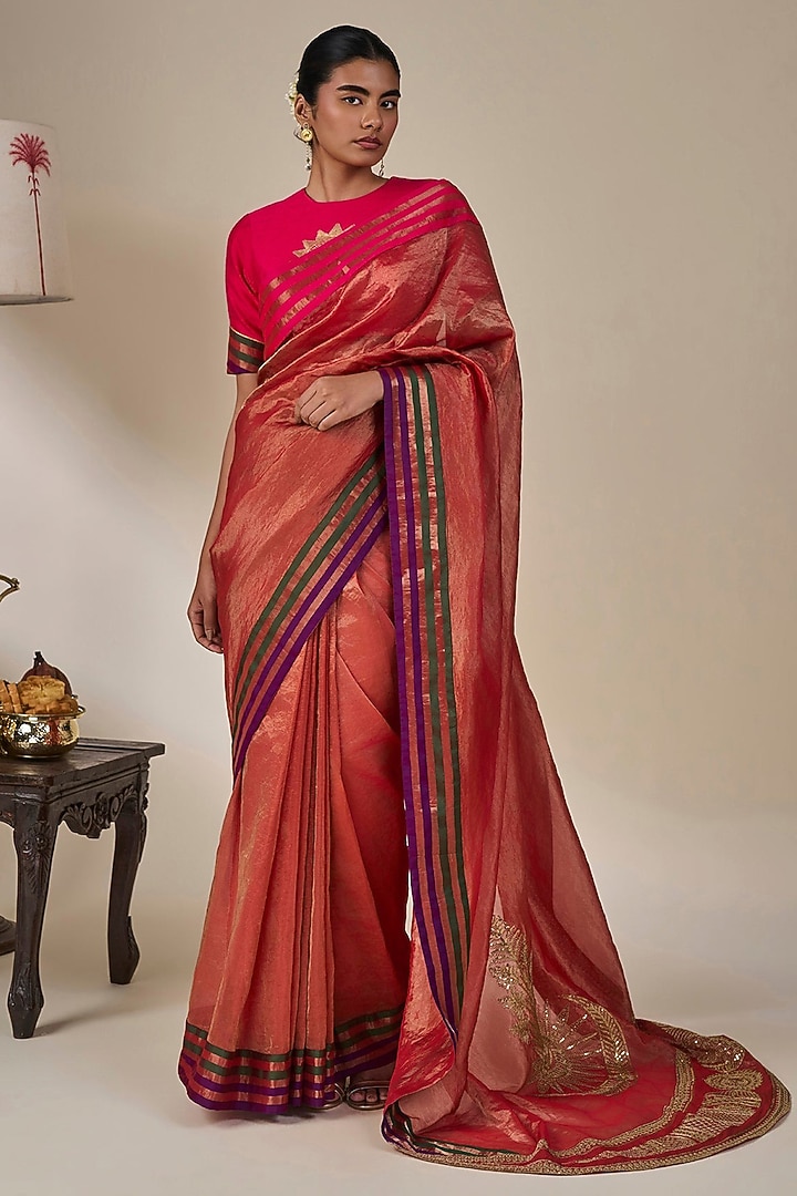 Rust Tissue Silk Applique Embroidered Striped Wedding Saree Set by Masaba at Pernia's Pop Up Shop
