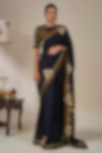 Black Striped Tissue Silk Patchwork Wedding Saree Set by Masaba at Pernia's Pop Up Shop