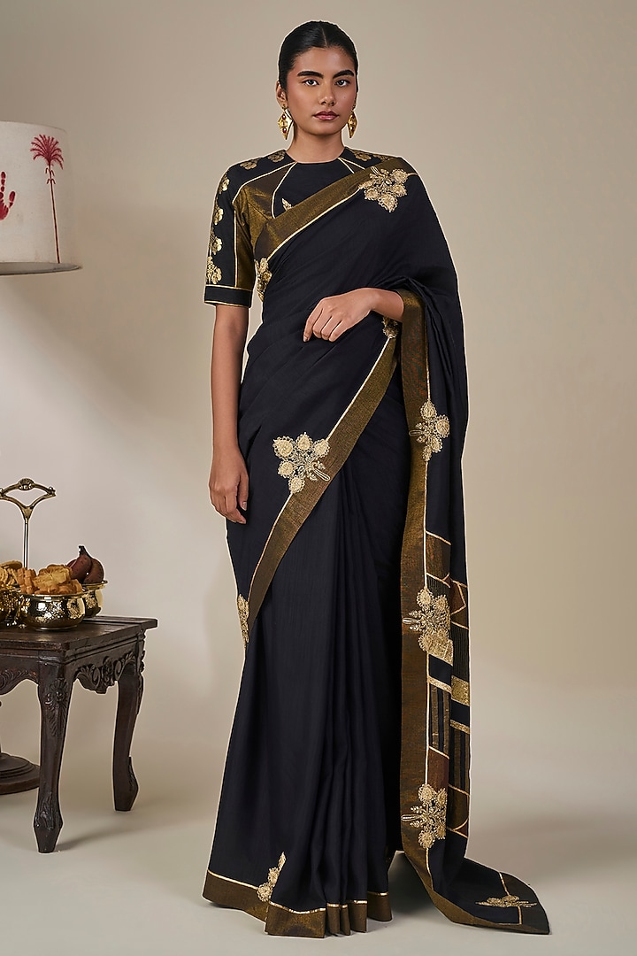 Black Striped Tissue Silk Patchwork Wedding Saree Set by Masaba at Pernia's Pop Up Shop