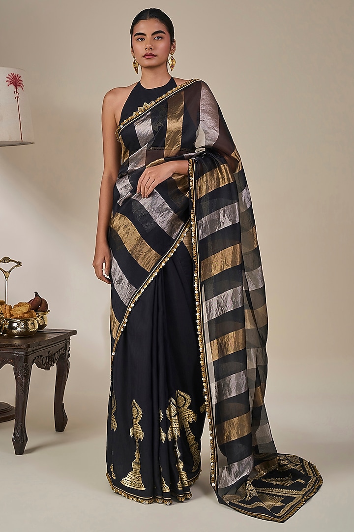 Black Tissue Silk Foil Printed Wedding Saree Set by Masaba at Pernia's Pop Up Shop